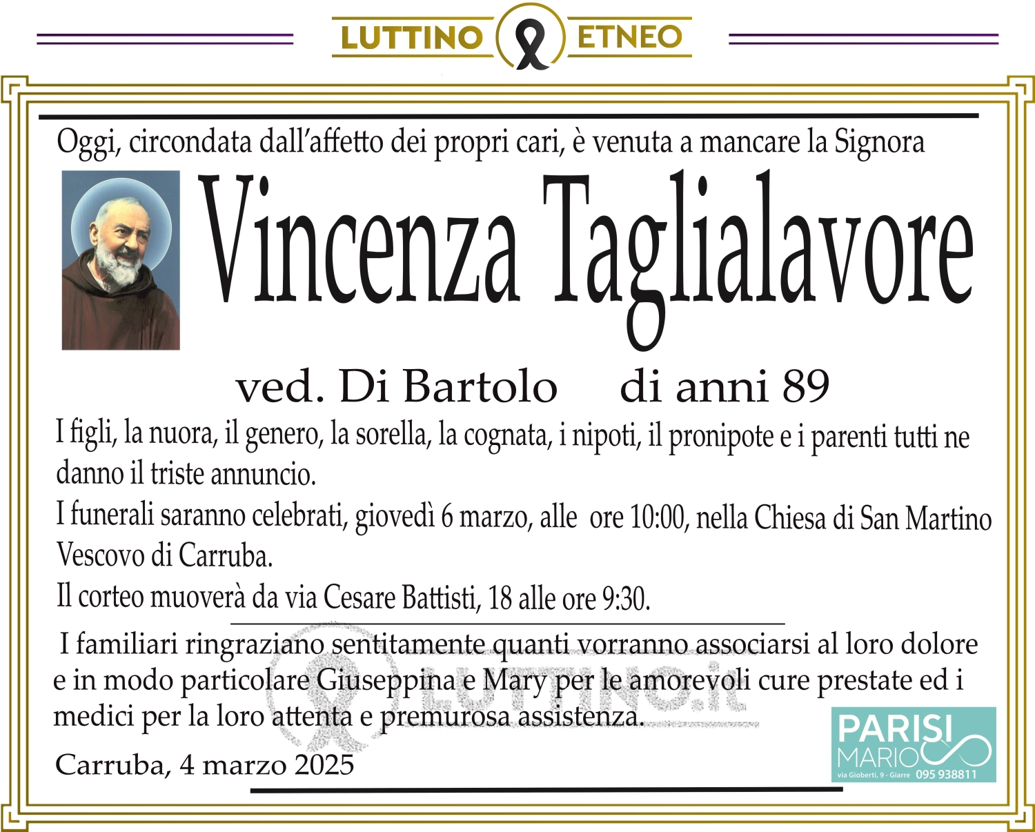 Manifesto lutto Vincenza Taglialavore