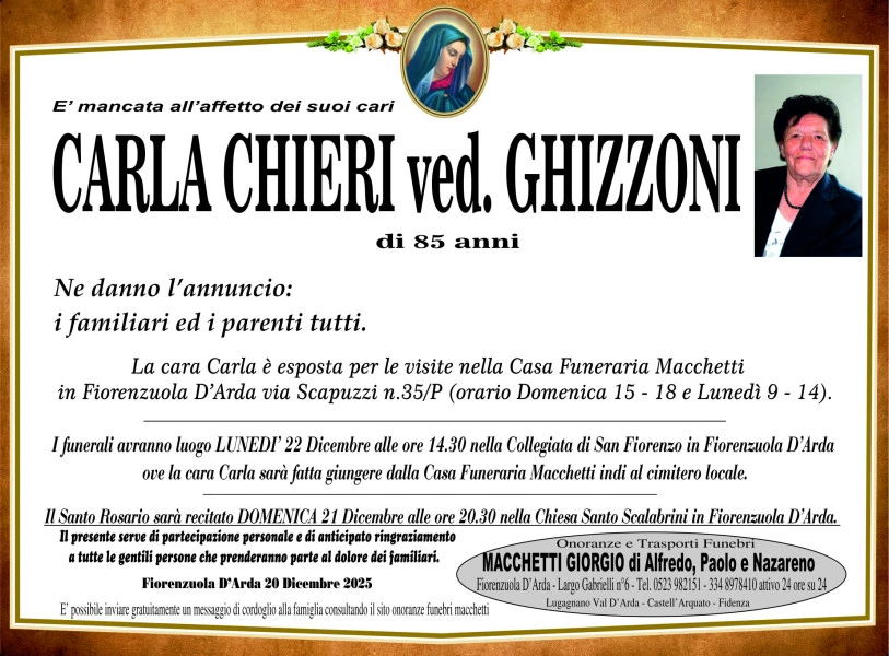 Manifesto lutto Carla Chieri Ved. Ghizzoni