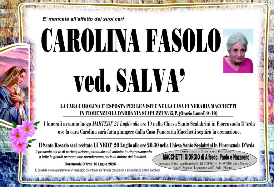 Manifesto lutto Carolina Fasolo Ved. Salvà