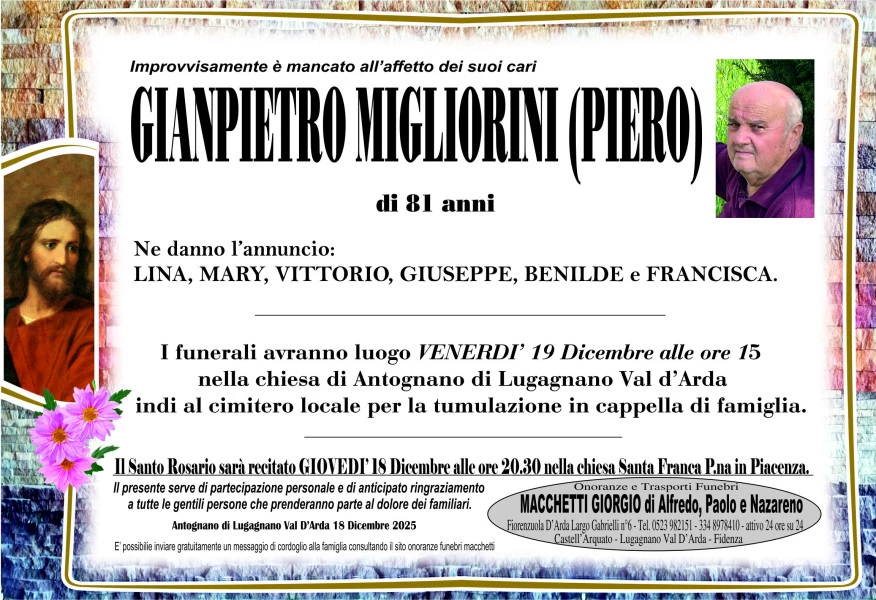 Manifesto lutto Gianpietro (piero) Migliorini