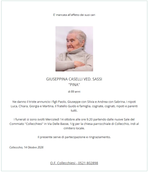 Manifesto lutto Giuseppina "pina" Caselli Ved. Sassi
