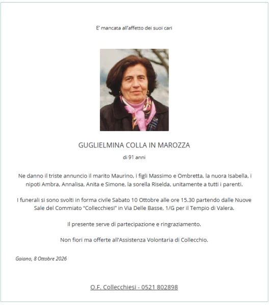Manifesto lutto Guglielmina Colla In Marozza