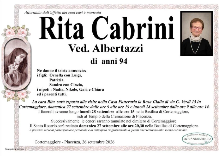Manifesto lutto Rita Cabrini