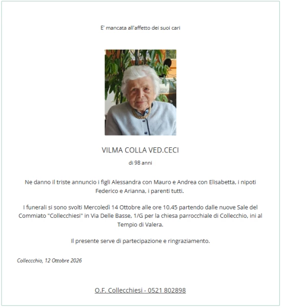 Manifesto lutto Vilma Colla Ved. Ceci
